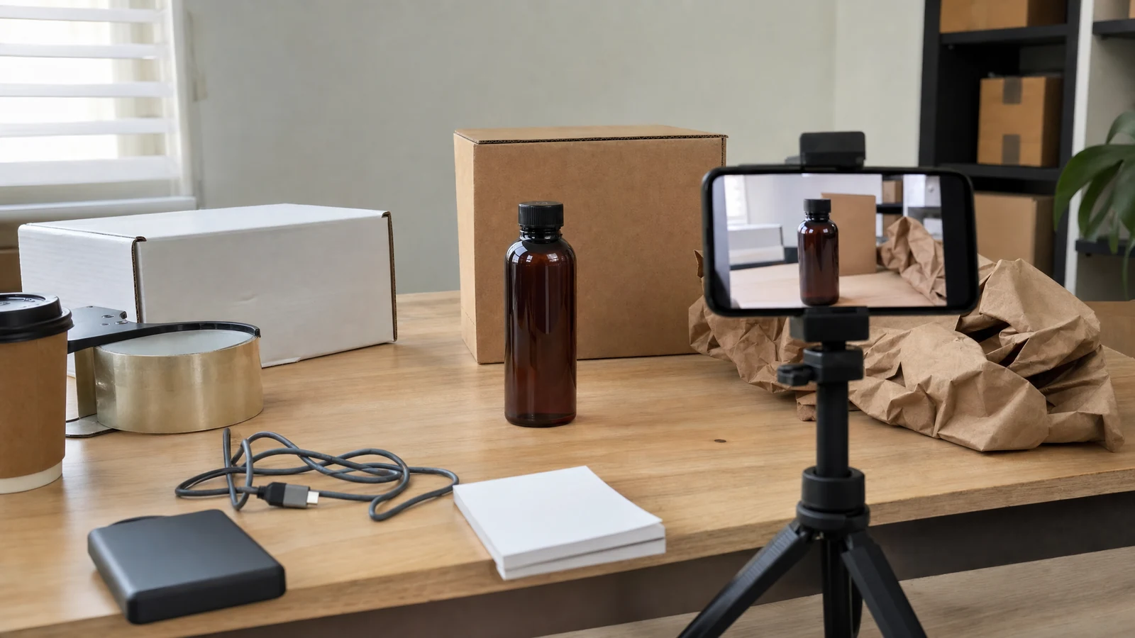 Candid ecommerce desk snapshot with a phone filming an unbranded product and packing materials