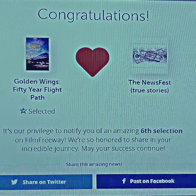 🔥 6th selection alert! 🔥 Golden Wings: Fifty Year Flight Path just got picked for The NewsFest - True Stories International Film and Writers Festival! 🏆

Watch as I open the selection letter—complete with a beating heart and some fire emojis because this is getting HOT! 🔥 This journey has been incredible, and I’m excited to keep the flames going. Follow along at www.indiedocjourney.com. 🎬✈️