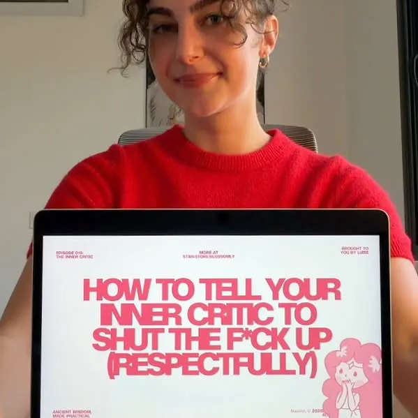 Here’s how to tell your inner critic to shut the f*ck up (respectfully lol) 🤫

Today on stoicism but make it cute, we’re covering a practical application of stoicism rather than a core stoic concept itself. The topic is the inner critic, bc we all know we can be our own worst enemy sometimes. I’m sharing a new perspective of how to talk to yourself, and what that might look like.

As always, there’s a looot more to say about everything I’m mentioning. This video is meant only as an easy-to-digest introduction to the topic.

You can find a longer version of this going into more detail in the 19th issue of my newsletter, the Soft Stoic Letter, out now. (🔗 in b10) 💌

- 

🧚‍♀️ comment „secret“ and I’ll send you the details to my stoic girl starter pack, or grab it thru the 🔗 in my b10.

-

Also lil disclaimer: pls take this with a grain of salt, I’m not trying to mock anyone, this is for funsies (and a bit of education). It is just me trying to approach a rather “dry” topic of a philosophy that’s been branded in a very tough and masculine way in the past through a modern and more humorous lens.

Hope you likey and hope you learned something today! 

Stay compassionate out there 🧸🤎

🏷️ stoicism for women , building discipline , toxic positivity , inner voice , self talk , be nice to yourself , self-compassion , motivation , habit building , anxiety , psychology , mindset shift , overthinking , that girl energy , #discipline #innercritic #stoicism #thatgirlenergy #mindsetshift